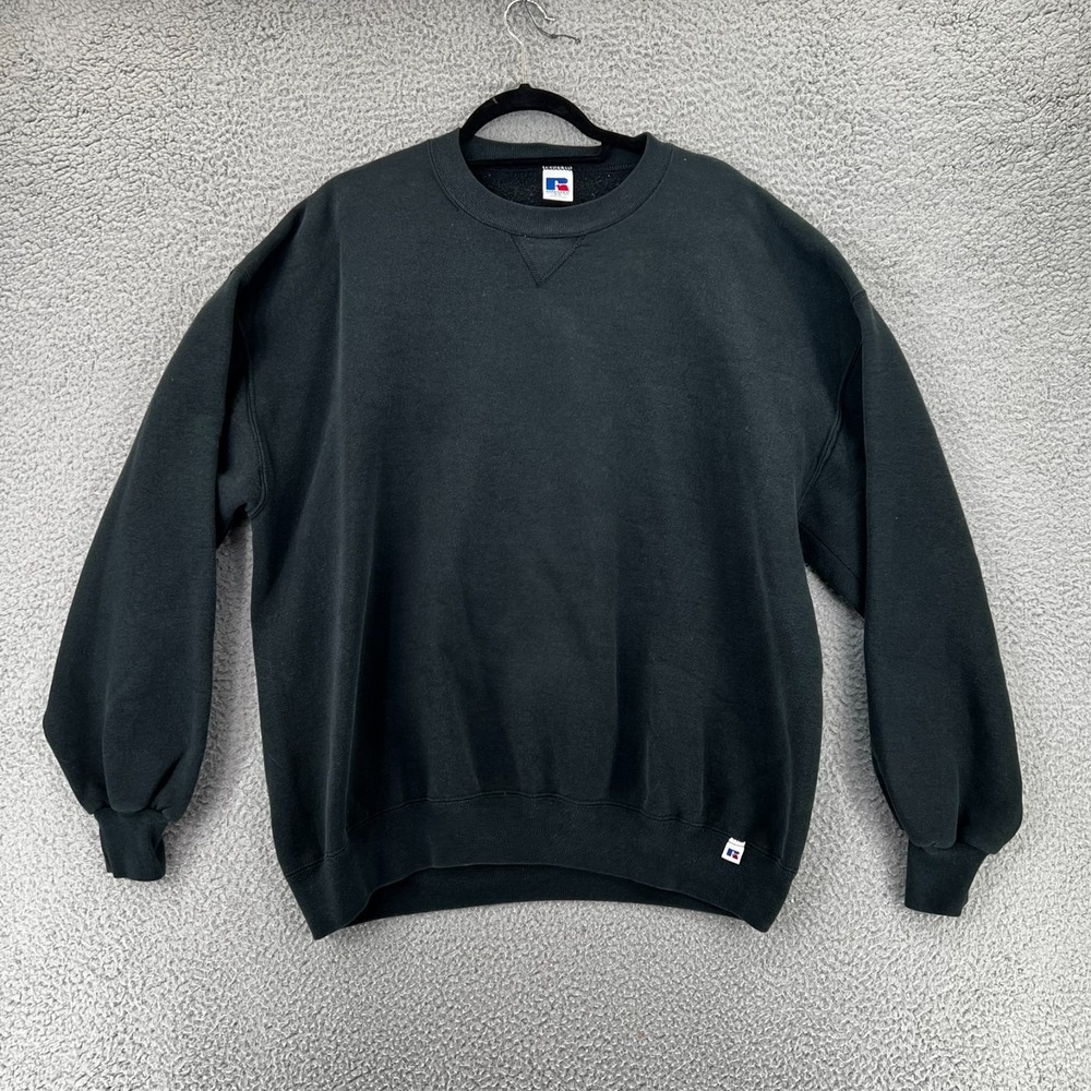 Vintage 90s Russell Athletic‎ Blank Black Crewneck Fleece Sweater Adult 2XL USA